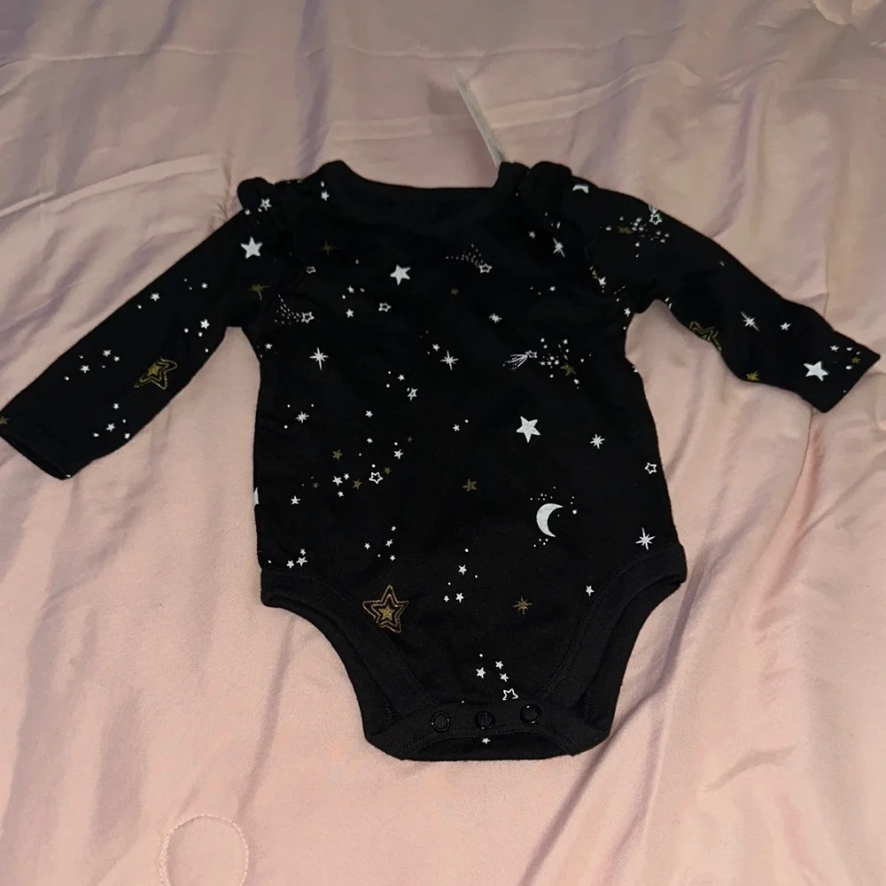 Long-Sleeve Black Star & Moon Baby One-Piece